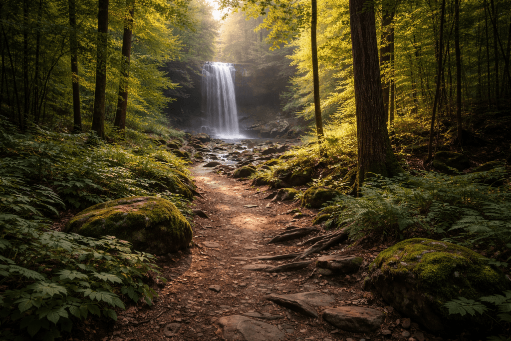 Forest hiking trail leading to a hidden waterfall in Ohio