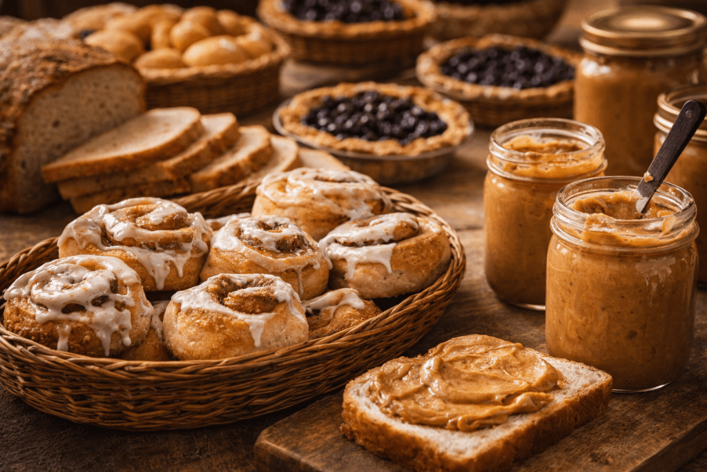 Homemade Amish food including bread and pies