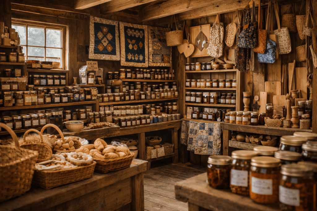 Inside Amish market in ohio with handmade goods and crafts
