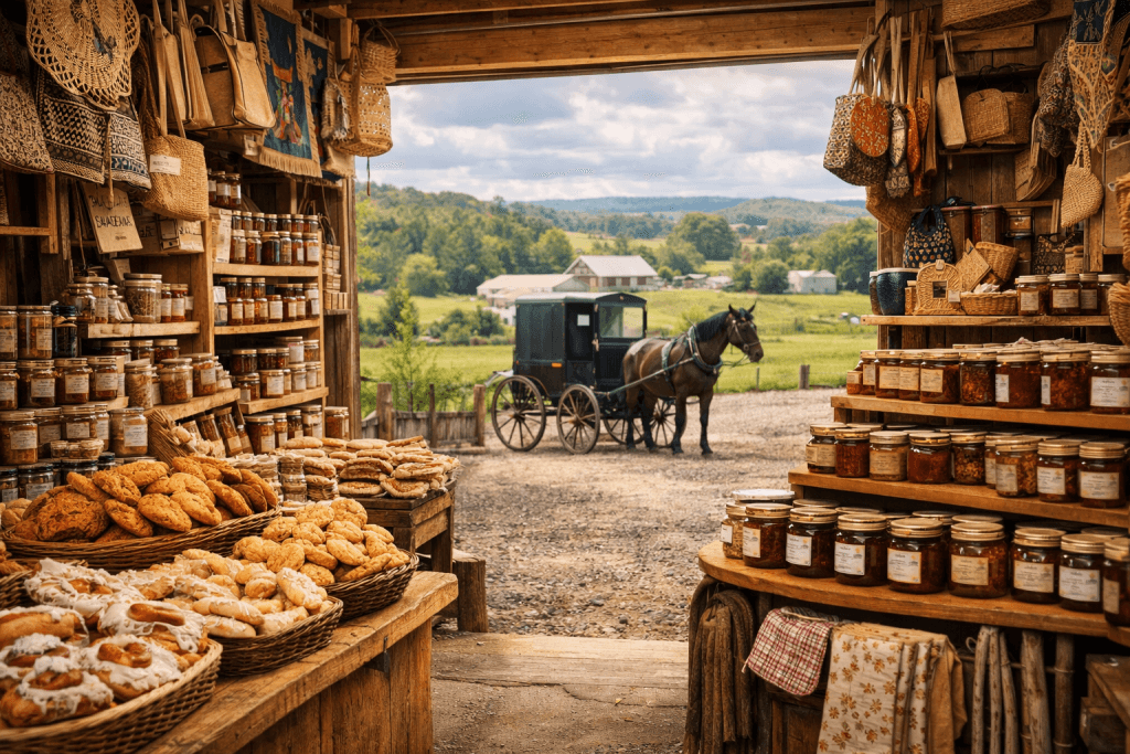 Amish markets in Ohio with handmade goods, fresh bakery items, and traditional countryside shops