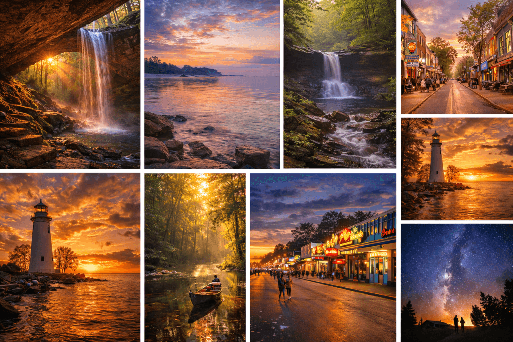 Scenic hidden gems in Ohio including waterfalls, lighthouse, and forest landscapes