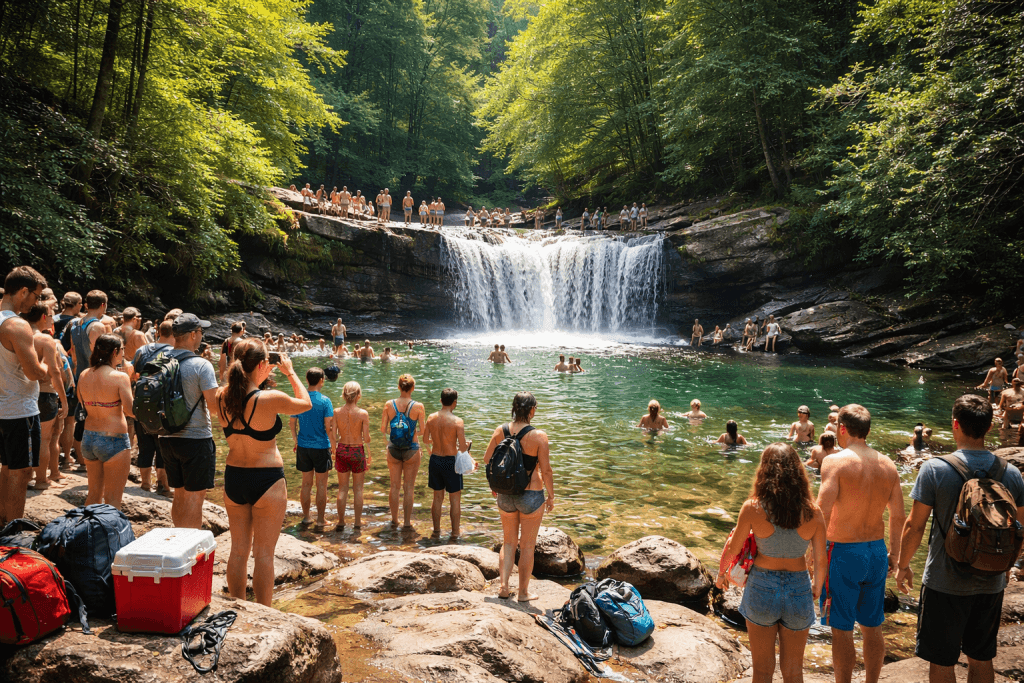 crowded waterfalls North Carolina tourists