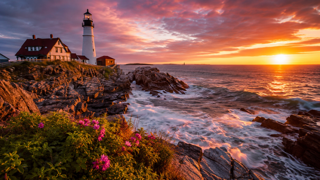 Coastal lighthouses and beaches in Maine