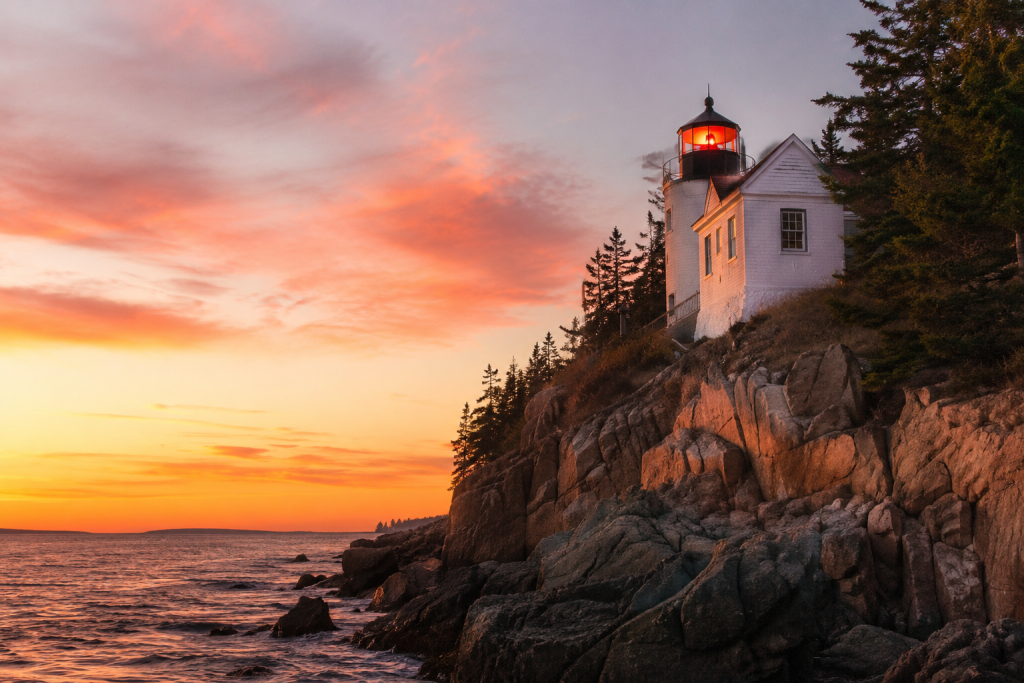 Bass Harbor Head Light at sunset, Maine lighthouses road trip highlight