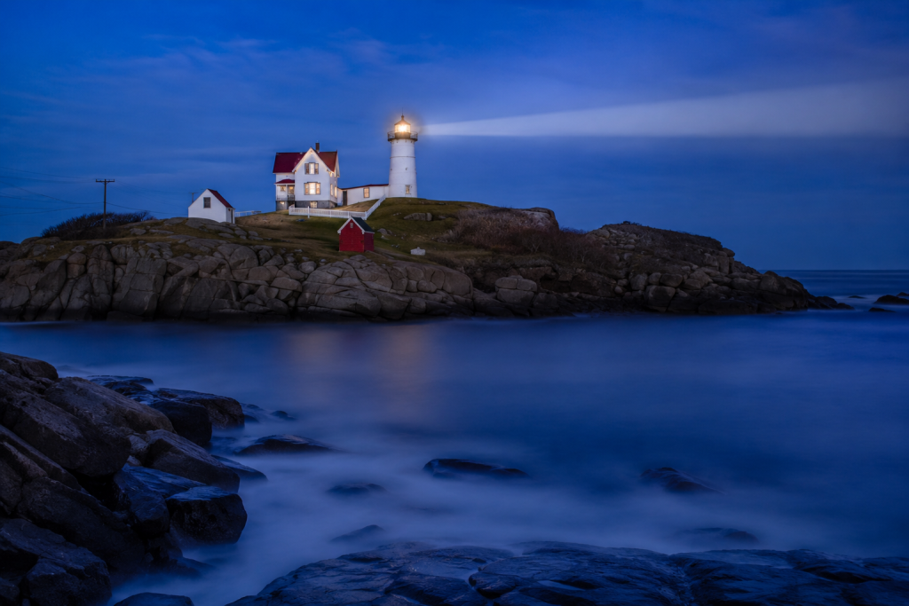 Nubble Light at blue hour, final stop on Maine lighthouses road trip