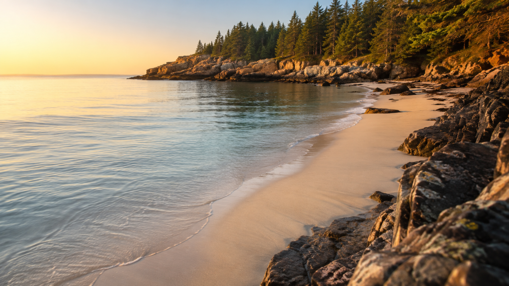 Hidden beaches in Maine — quiet empty cove at sunrise