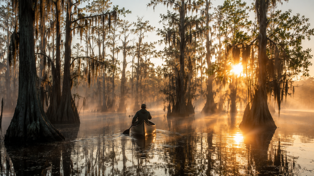 Hidden gems in Georgia — misty swamp landscape at sunrise