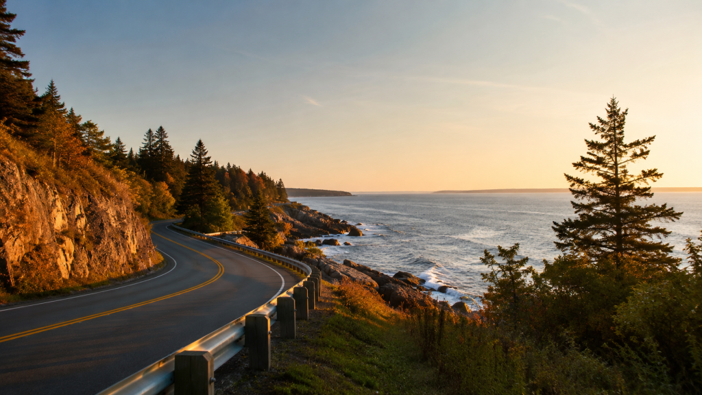 Maine coastal road trip — scenic coastal highway at golden hour