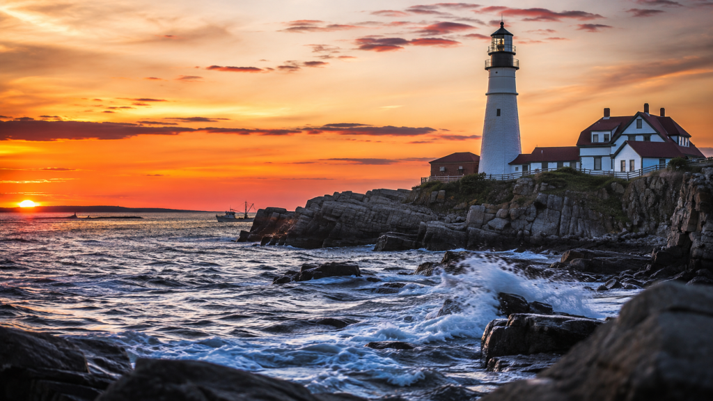Maine lighthouses road trip — scenic coastal lighthouse at sunrise