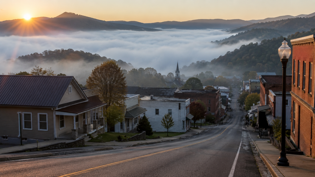 Mountain towns in West Virginia — foggy valley sunrise over a small main street