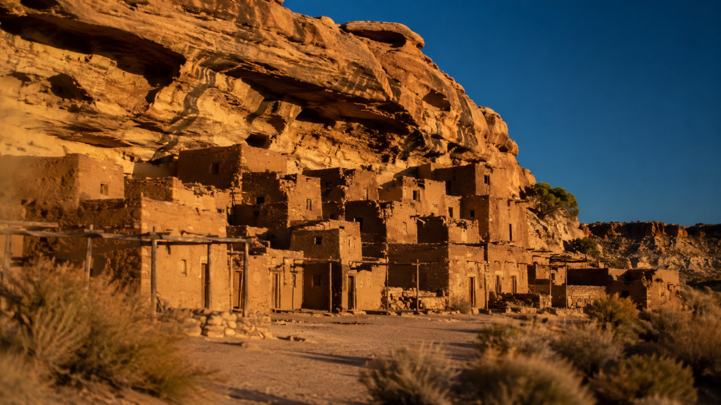 New Mexico hidden gems — ancient pueblo on a desert mesa at golden hour
