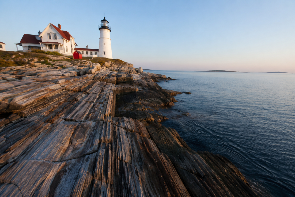  Pemaquid Point Lighthouse granite ledges, Maine lighthouses road trip stop
