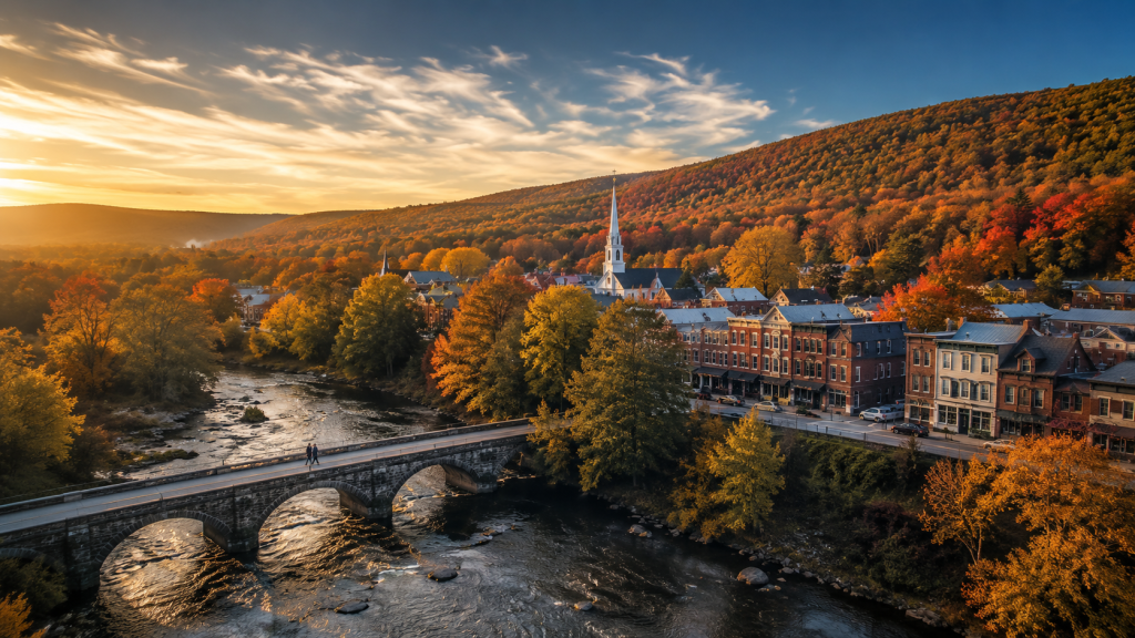 Small towns in Pennsylvania fall foliage aerial view weekend getaway