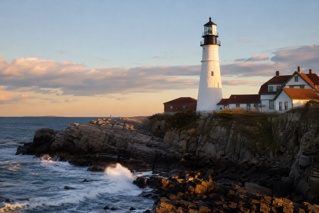  Portland Head Light on Maine lighthouses road trip at golden hour