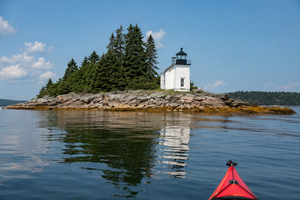 Pumpkin Island Lighthouse from kayak, hidden stop on Maine lighthouses road trip