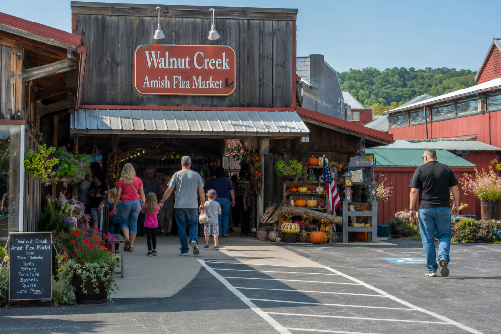 Travelers exploring a large Amish-style flea market in Walnut Creek, Ohio