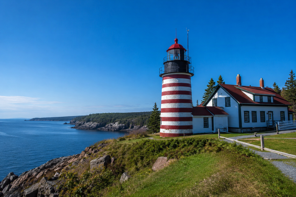 West Quoddy Head striped lighthouse, easternmost stop on Maine lighthouses road trip