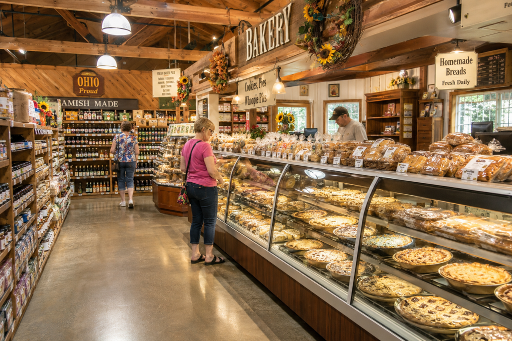 Bright country market interior in Sugarcreek with baked goods and local food products