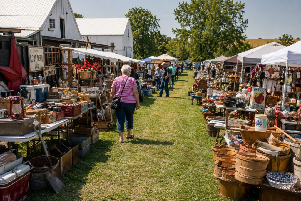 Open-air flea market scene in the Kidron area of Ohio with vendor tables and shoppers