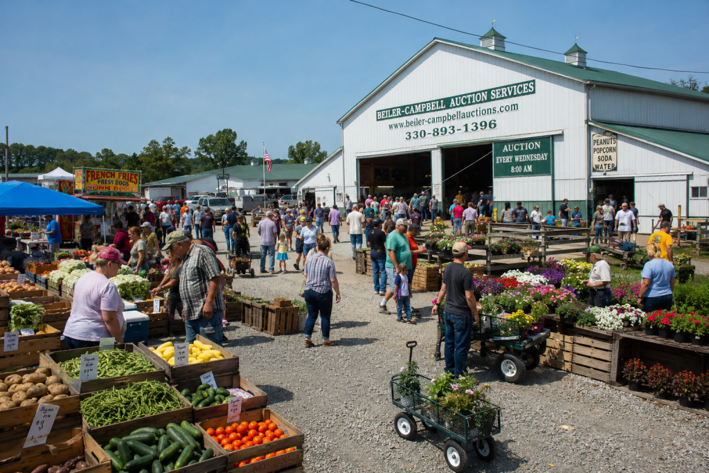 Busy market day at a rural auction and flea market in Ohio Amish Country